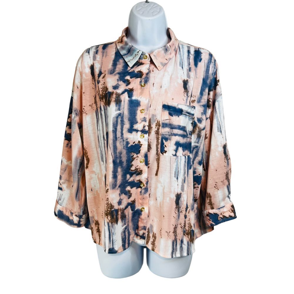 Eden & Olivia Button Down Collared Pink Blue Tie‎ Dye Shirt Women's Size Large